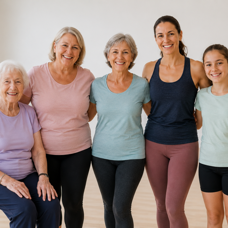Cap Vitalité Angoulême Cinq femmes de différents âges posent ensemble, souriantes, en tenue de yoga.