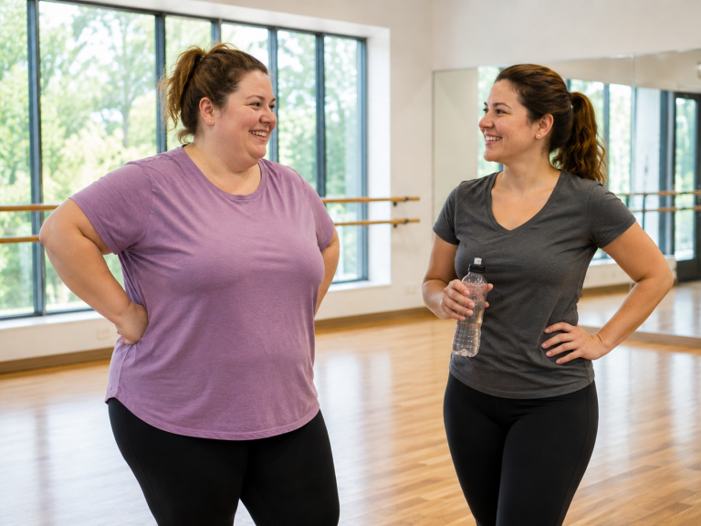 Cap Vitalité Angoulême Deux femmes souriantes discutent dans un studio de danse lumineux.