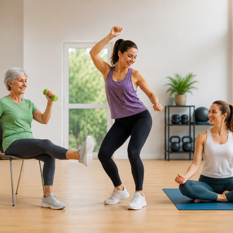 Cap Vitalité Angoulême Trois femmes s'exercent dans une salle de sport avec des poids et des postures de yoga.
